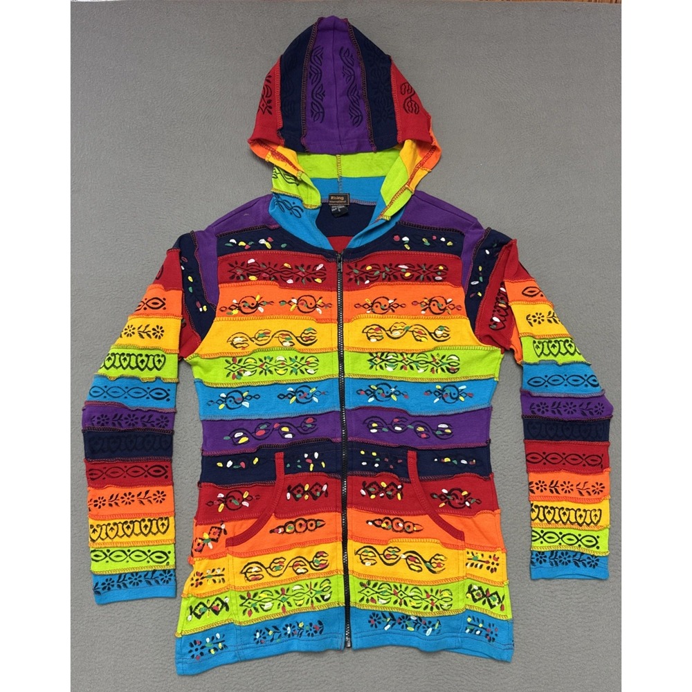 Rising International Boho Jacket M Over Dyed Print Zip Hoodie Hippie Festival Y2